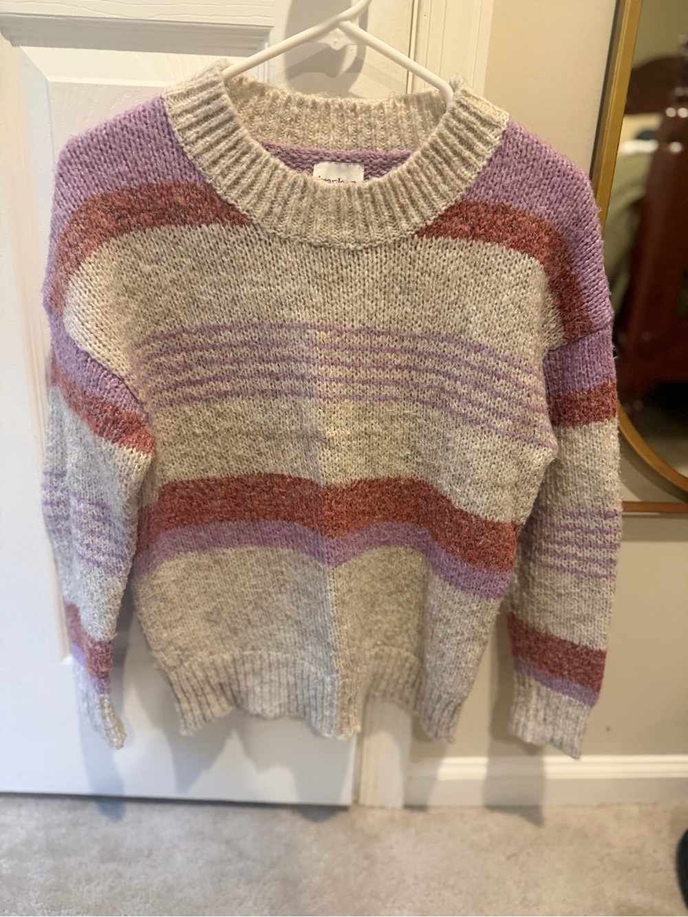 Heartloom Cream Crewneck Sweater with Lavender & Rust Stripes